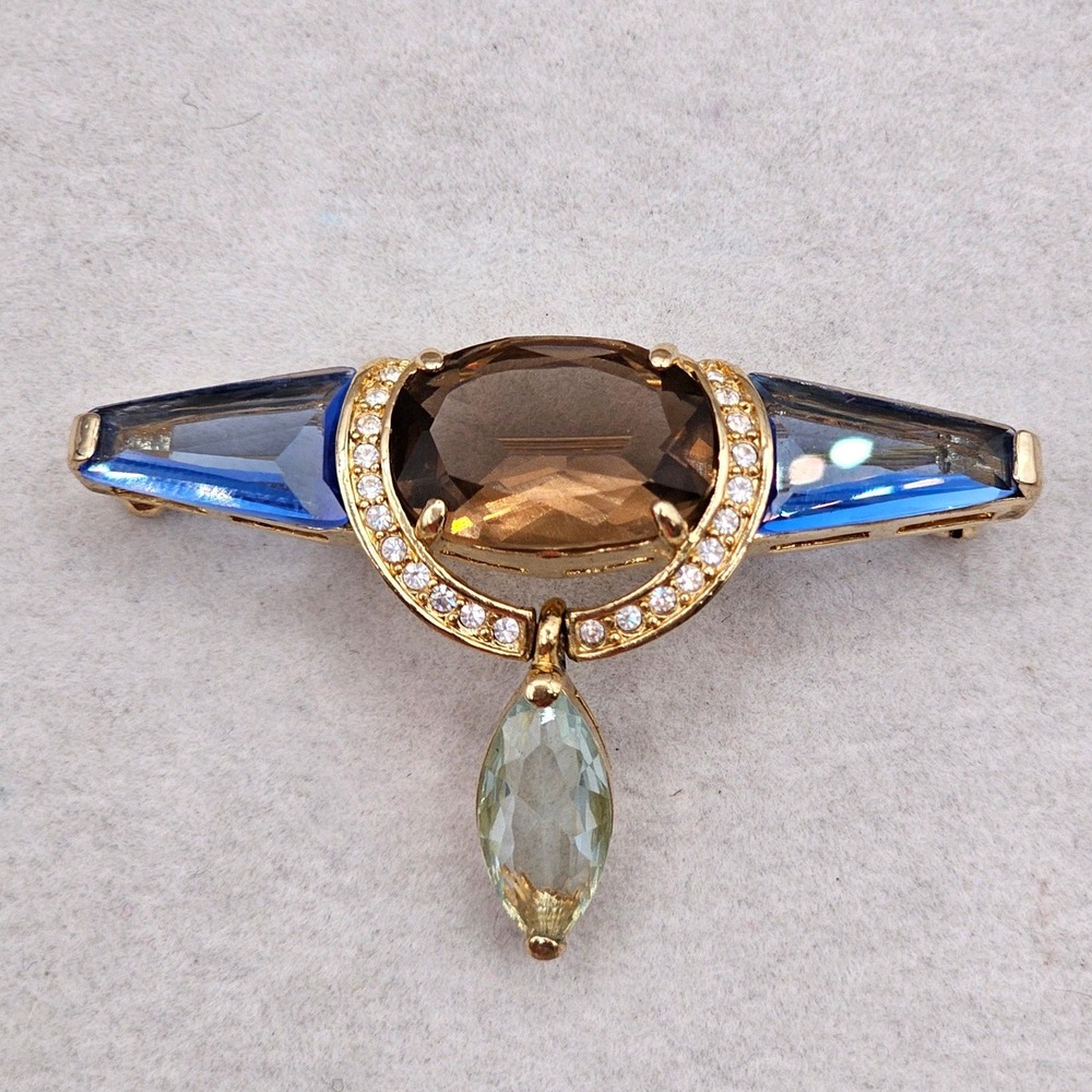 Monet Rhinestone Brooch Gold Tone Blue Smoky Brown Stone Dangle Bar Pin